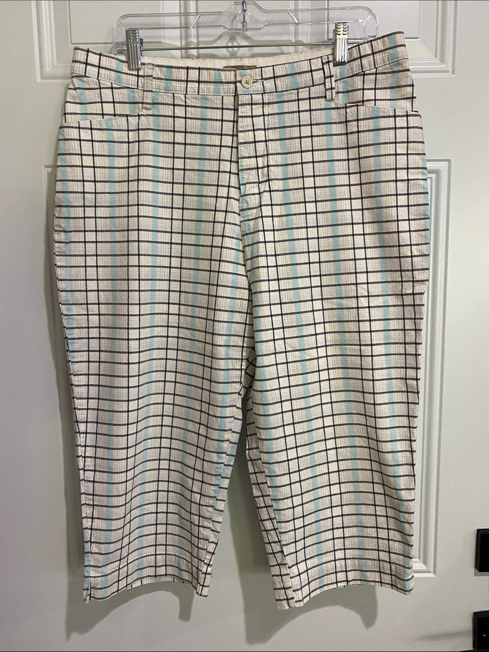 Lee Women's Windowpane Capri Pants with Light Blue and Black Grid